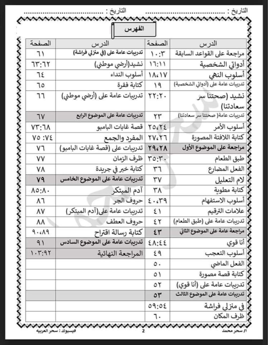 مذكرة اللغة العربية للصف الثالث الابتدائي - 2021