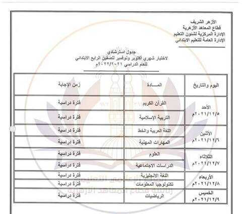 تعليمات وجدول إمتحان ديسمبر للصف الرابع الازهري - جدول رابعة