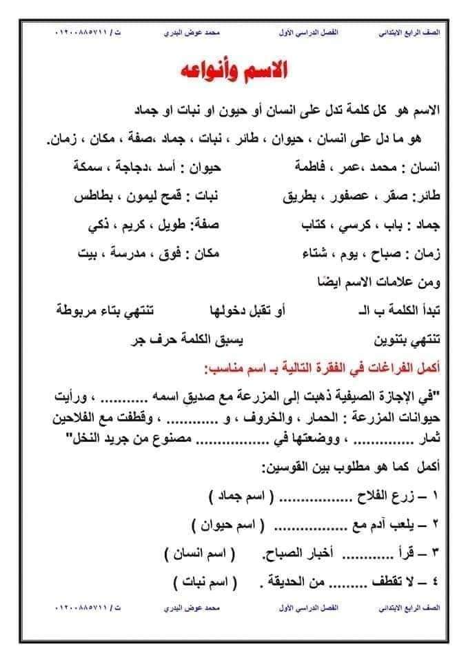 خلاصة النحو للصف الرابع الابتدائي ٢٠٢٢ - اللغة العربية