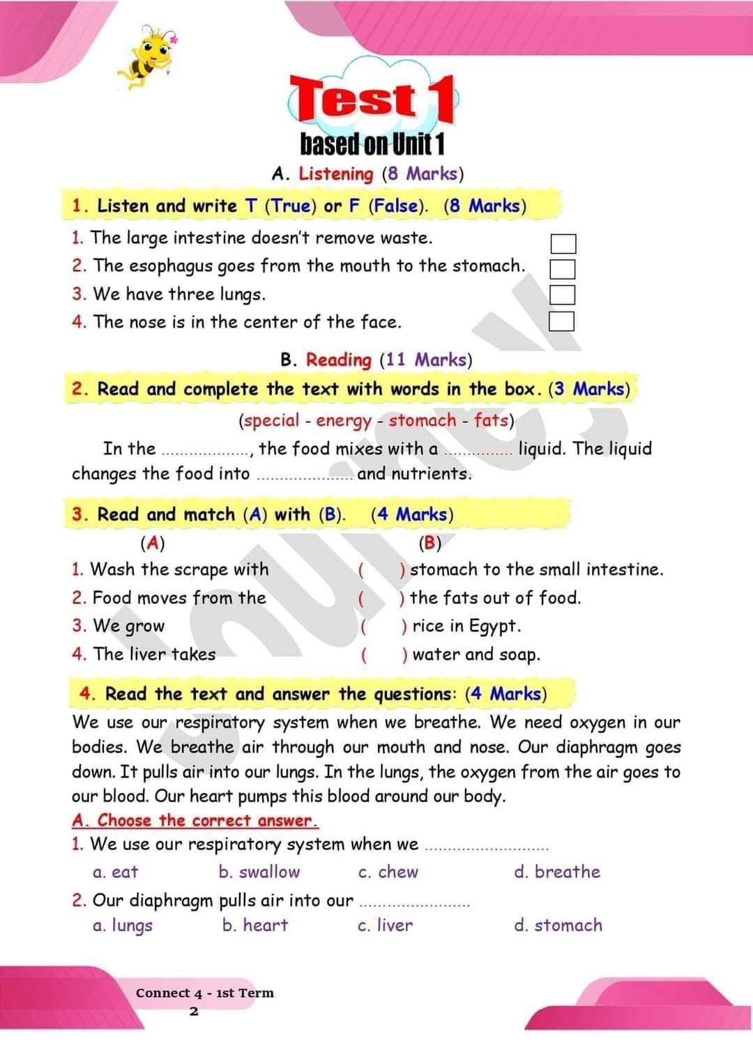 امتحانات انجليزي للصف الرابع الابتدائي - connect 4