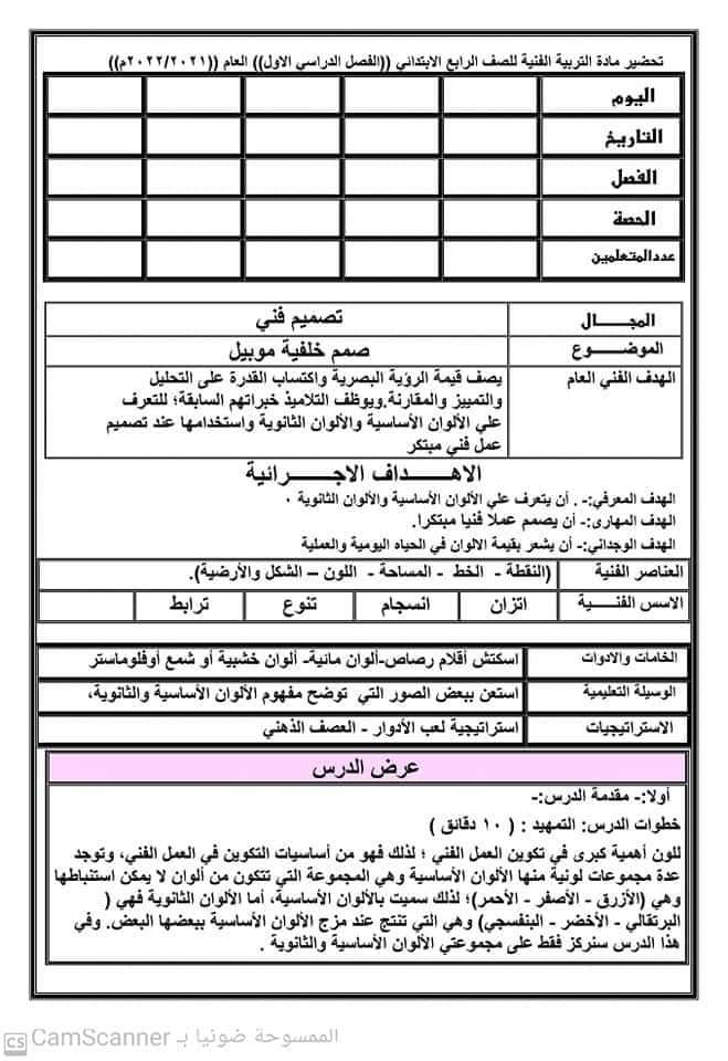 تحضير التربية الفنية للصف الرابع الابتدائي - التربية الفنية