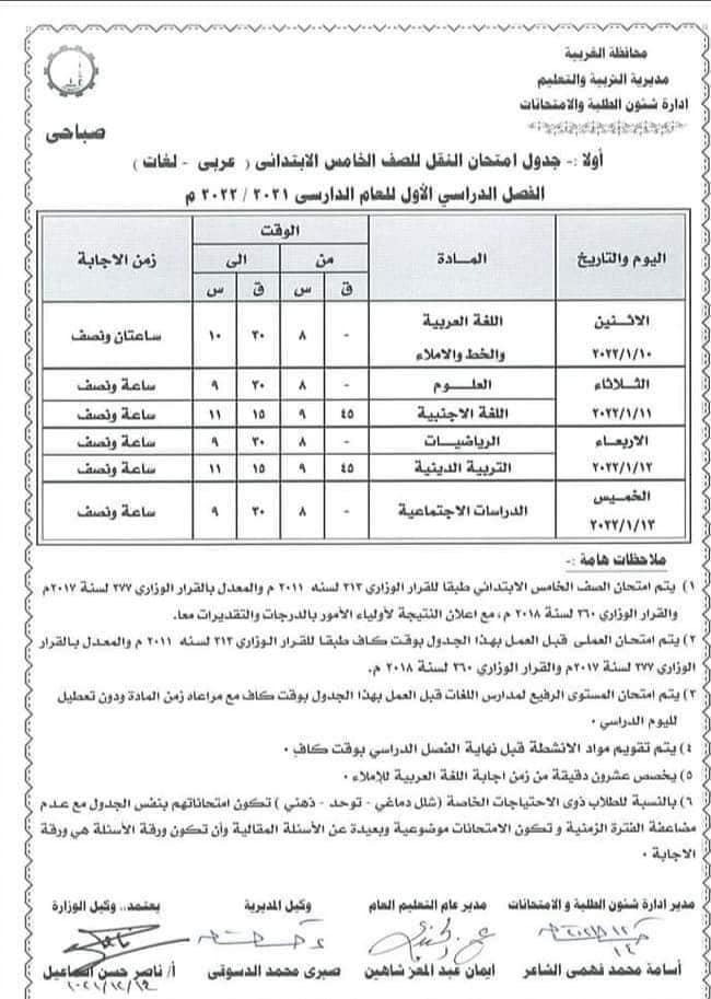 جدول امتحانات نصف العام محافظة الغربية - الغربية