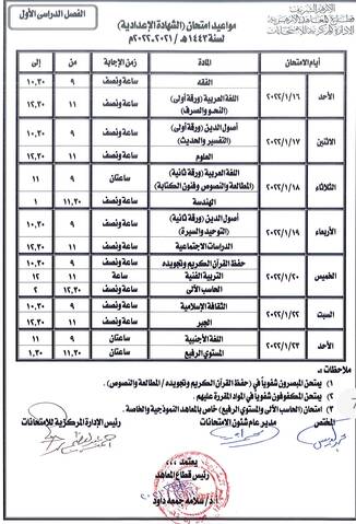 جدول امتحانات الترم الاول للشهادة الإعدادية الأزهرية 2021 - 2022 - امتحانات الشهادة الاعدادية