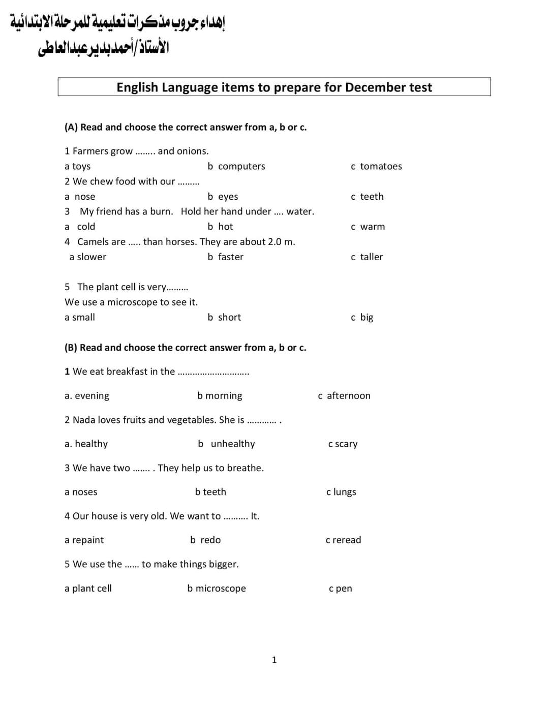 مراجعة ليلة الامتحان لغة انجليزية رابعة ابتدائي - اجابة نماذج الوزارة