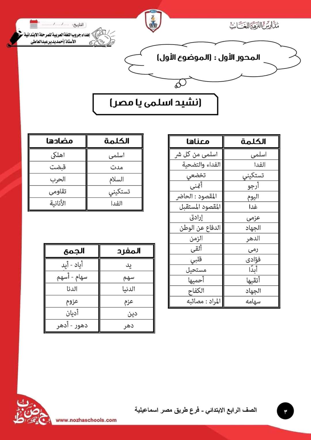 ملزمة مراجعة لغة عربية رابعة ابتدائي ترم اول - اللغة العربية