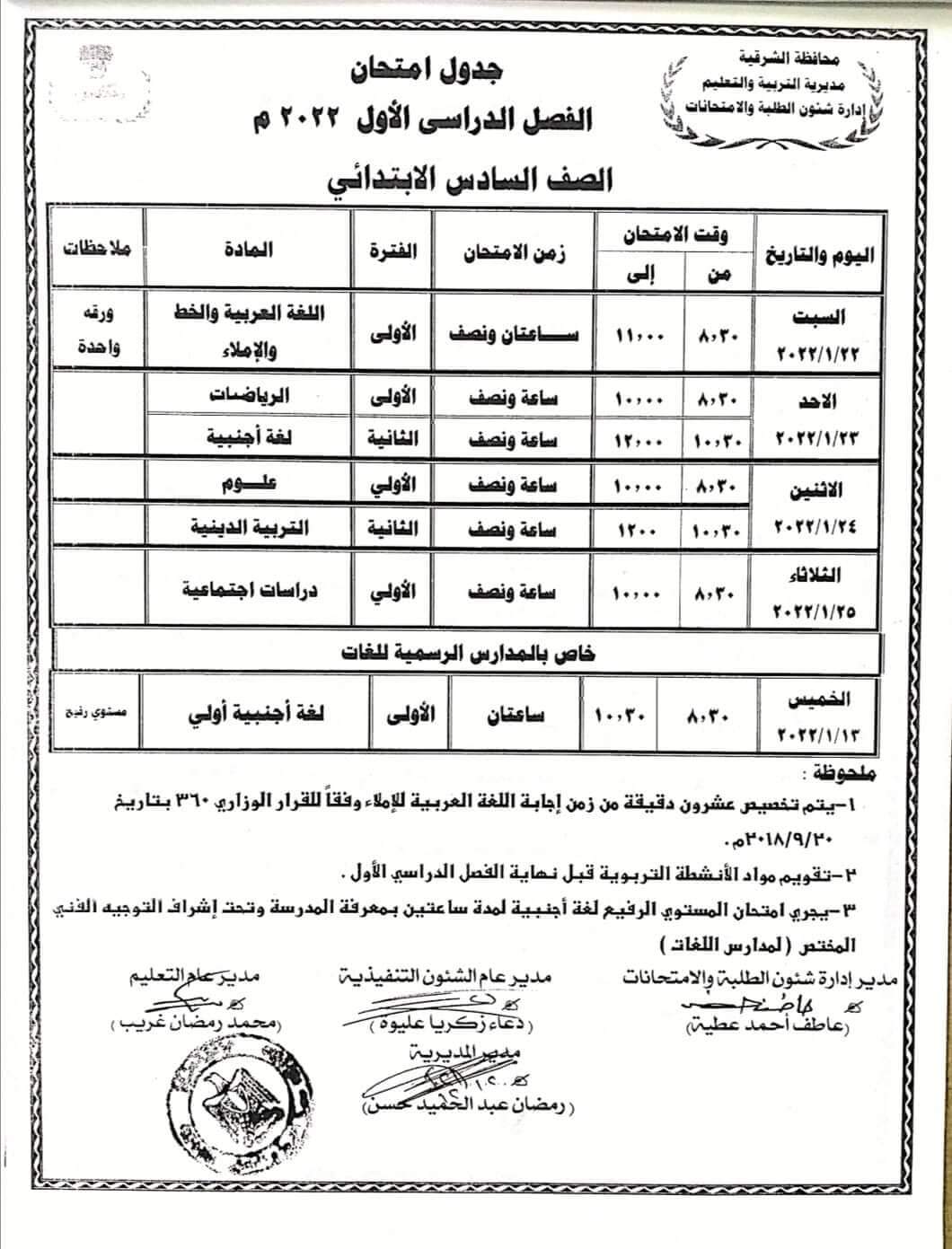 جدول امتحانات الترم الاول للصف السادس الابتدائي 2022 - الشرقية