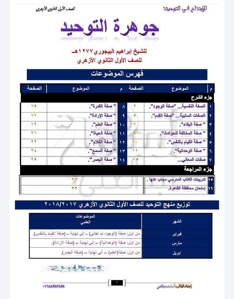 مراجعة التوحيد للصف الاول الثانوي الأزهري - ابراهيم البيجوري