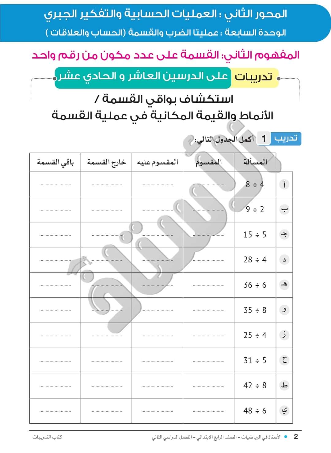 مذكرة تدريبات رياضيات رابعة ابتدائي ترم ثاني