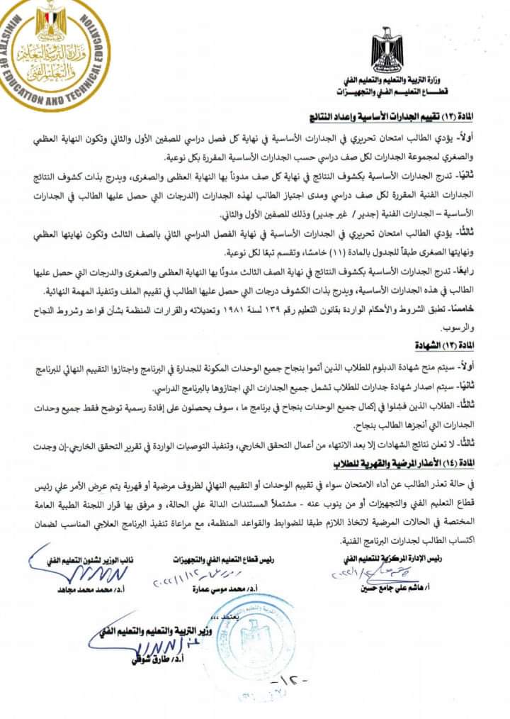 التعليم : تعدل لائحة تقييم طلاب المدارس الفنية لبرامج التعليم الفنى القائمة على منهجية الجدارات - الجدارات