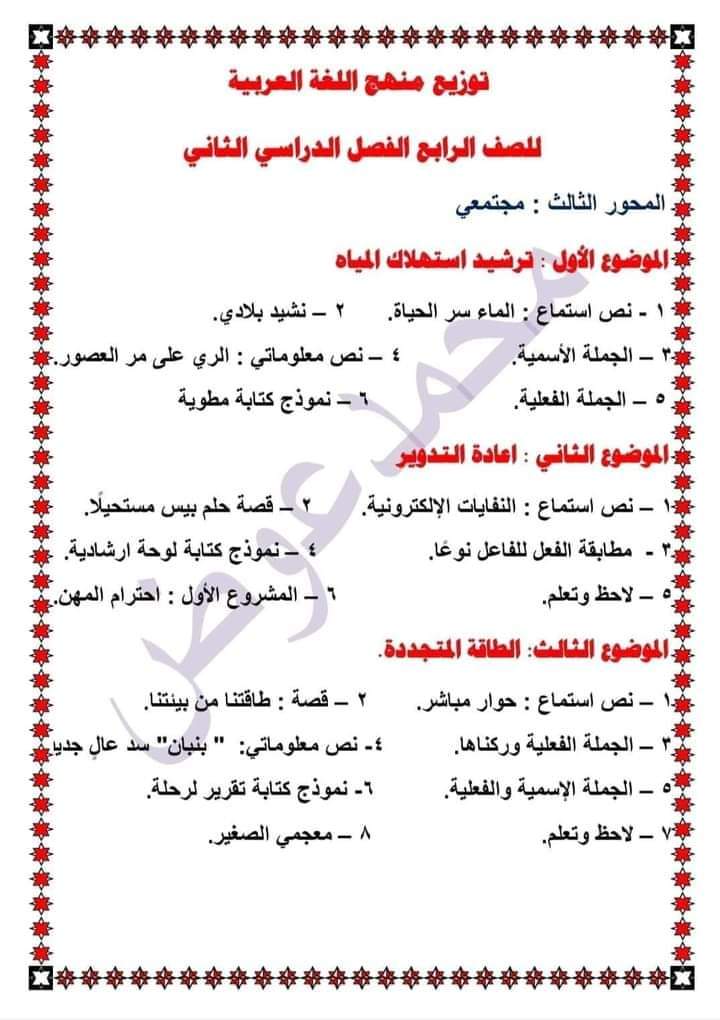 توزيع منهج اللغة العربية رابعة ابتدائي الترم الثاني - توزيع عربي رابعة ابتدائي