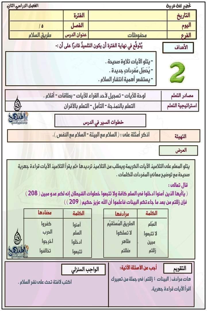 طريقة تحضير عربي الصف الخامس الترم الثاني طريقة تحضير عربي الصف الخامس الترم الثاني - تحضير عربي خامسة ابتدائي