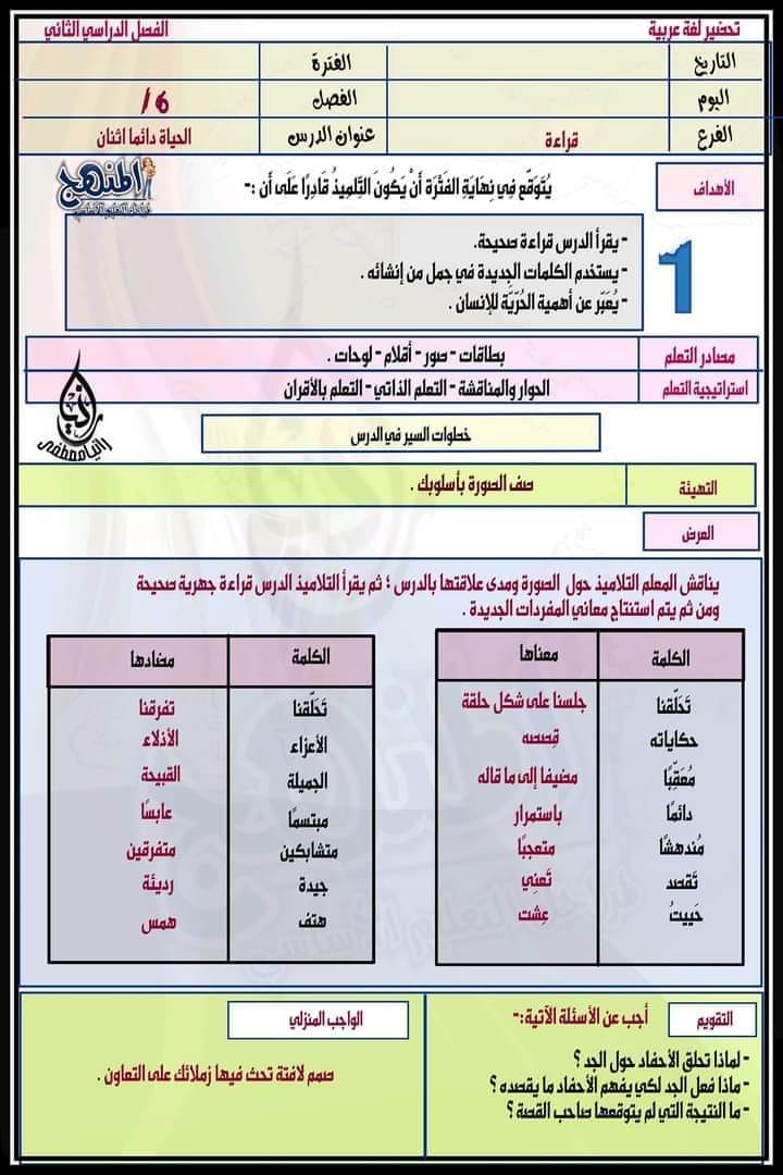 طريقة تحضير لغة عربية الصف السادس الابتدائى الترم الثاني 2022 - تحضير عربي سادسة