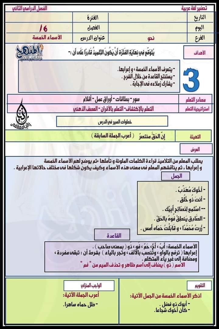 طريقة تحضير لغة عربية الصف السادس الابتدائى الترم الثاني 2022 - تحضير عربي سادسة