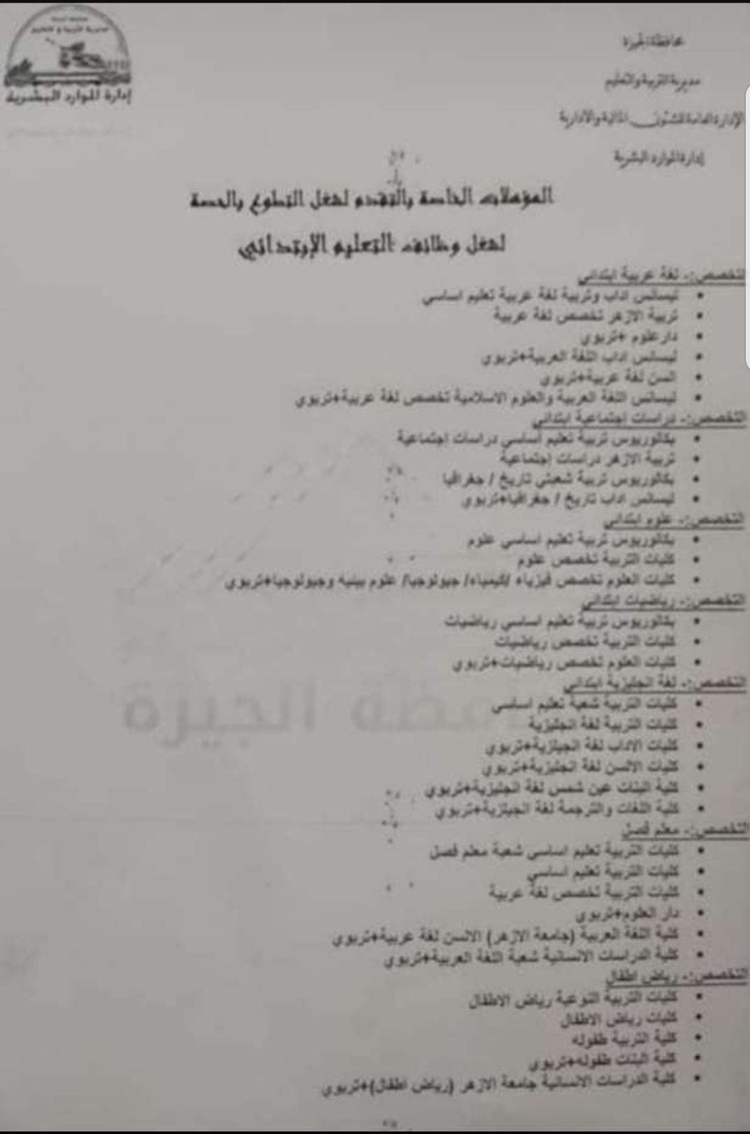 التقديم والمؤهلات المطلوبة للعمل بنظام الحصة بمحافظة الجيزة - مسابقة تعليم الجيزة