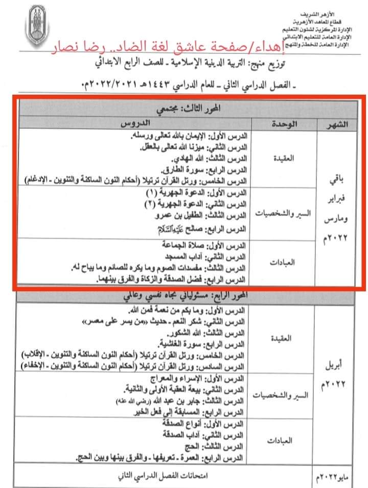 جدول امتحانات رابعة ابتدائي الأزهر الشريف - اخبار رابعة ابتدائي