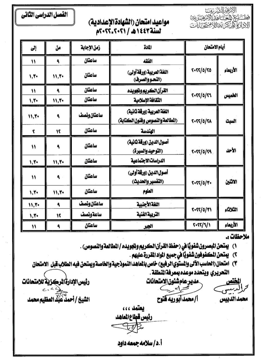 جدول امتحانات أخر العام للصف الثالث الإعدادي الأزهري 2022 - جدول الازهر 2022