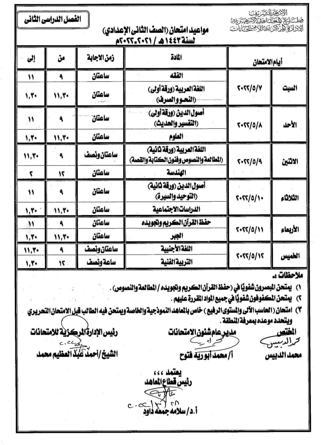 جدول امتحانات اخر العام للمرحلة الإعدادية الأزهرية 2022 - الأزهر