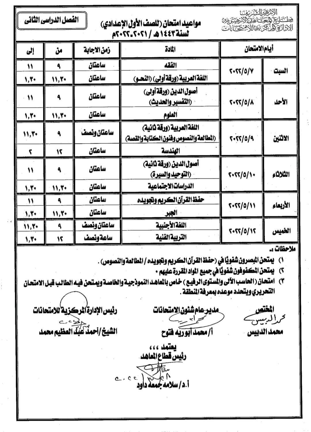 جدول امتحانات اخر العام للمرحلة الإعدادية الأزهرية 2022 - الأزهر