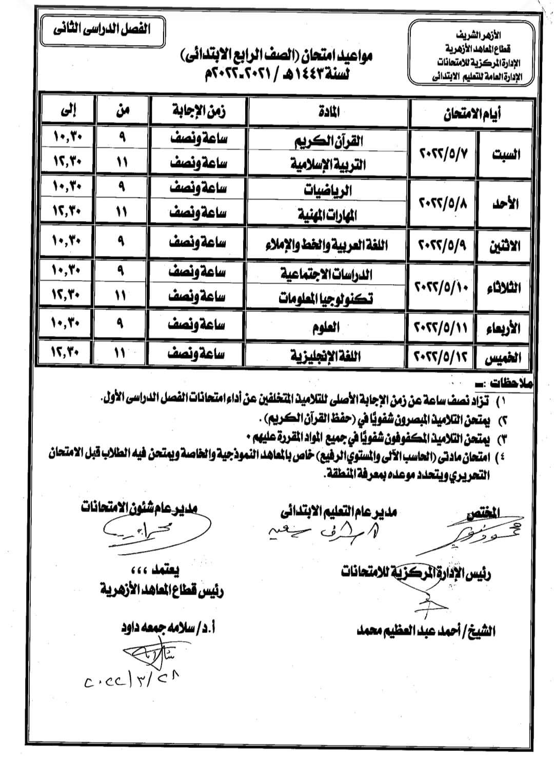 جدول امتحانات أخر العام للصف الأول الثانوي الأزهري علمي و أدبي 2022 - جدول الأزهر