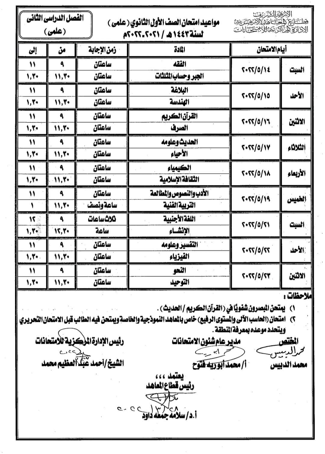 جدول امتحانات أخر العام للصف الأول الثانوي الأزهري علمي و أدبي 2022 جدول امتحانات أخر العام للصف الأول الثانوي الأزهري علمي و أدبي 2022 - جدول الأزهر