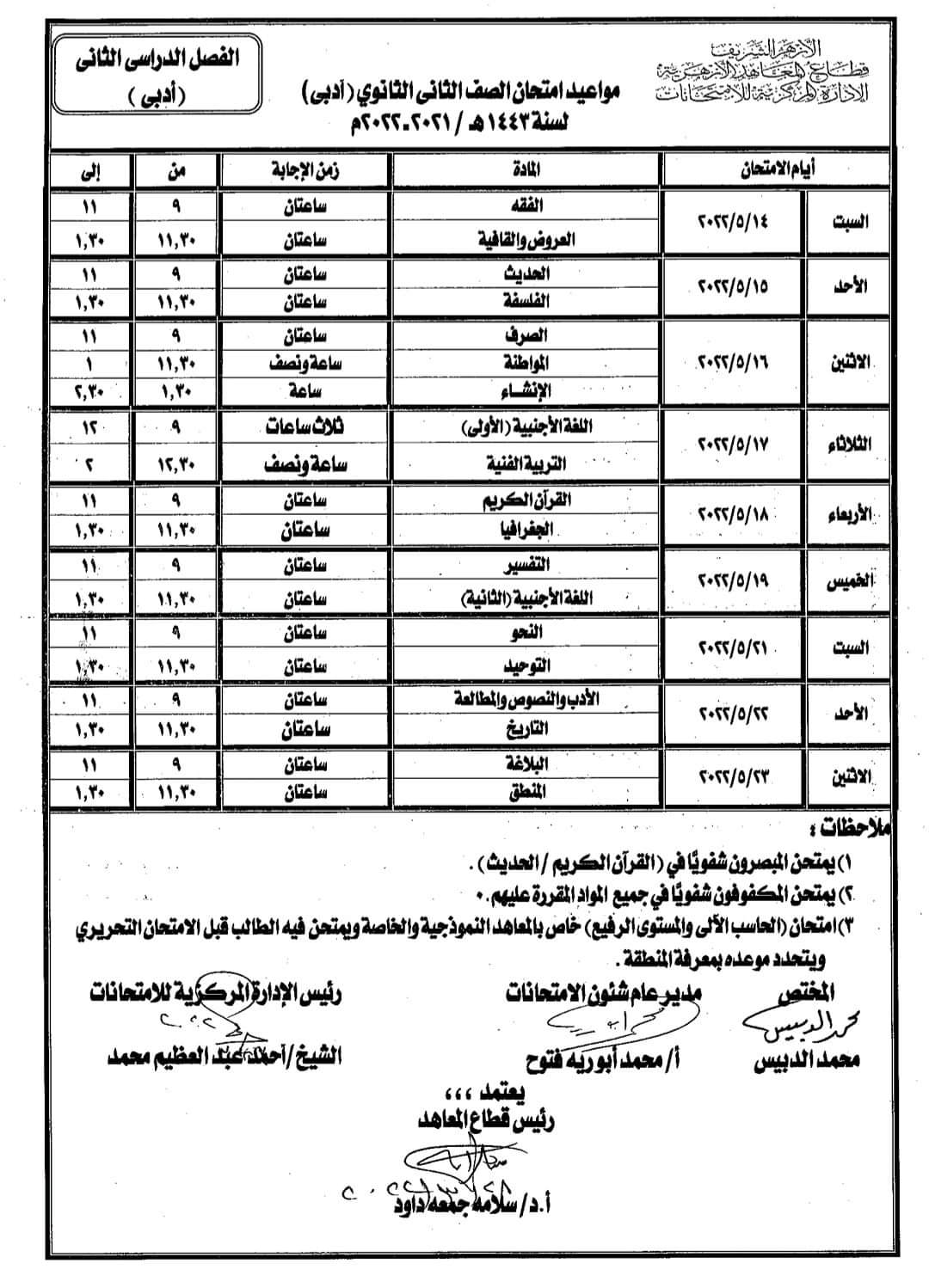 جدول امتحانات أخر العام للصف الثاني الثانوي الأزهري علمي و أدبي 2022 - جدول تانية ثانوي 2022