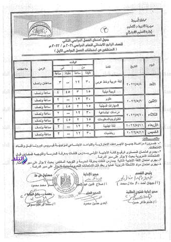 جدول امتحانات محافظة اسيوط الترم الثاني 2022 المرحلة الابتدائية - امتحانات اسيوط