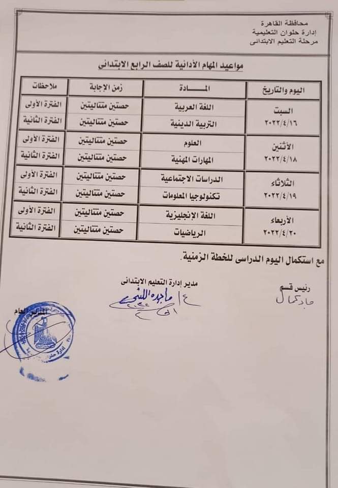 جدول المهام الادائية محافظة القاهرة الترم الثاني 2022 - المهام الادائية