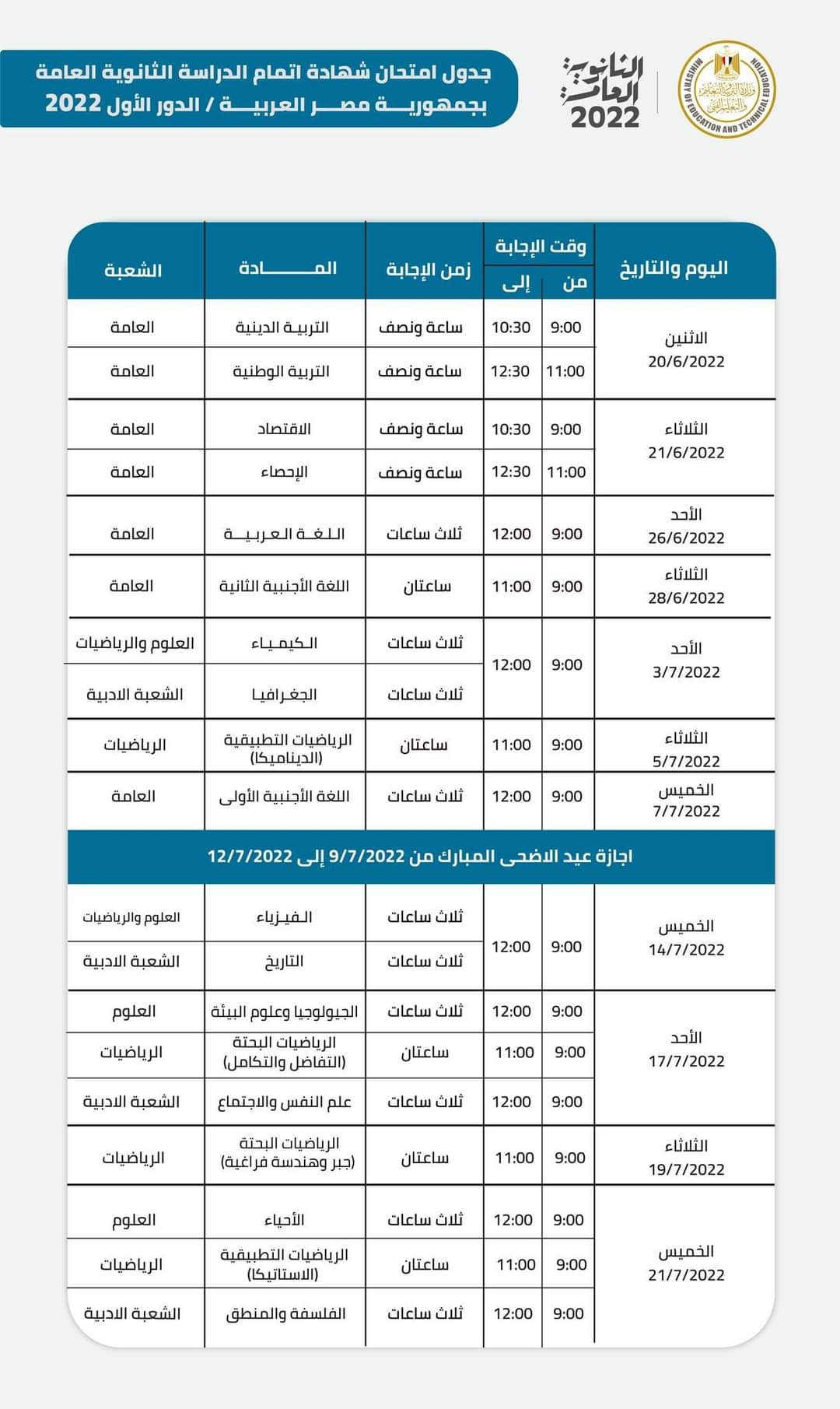 الجداول الرسمية لامتحانات الثانوية العامة والنقل الترم الثاني 2022 - جدول امتحانات الثانوية