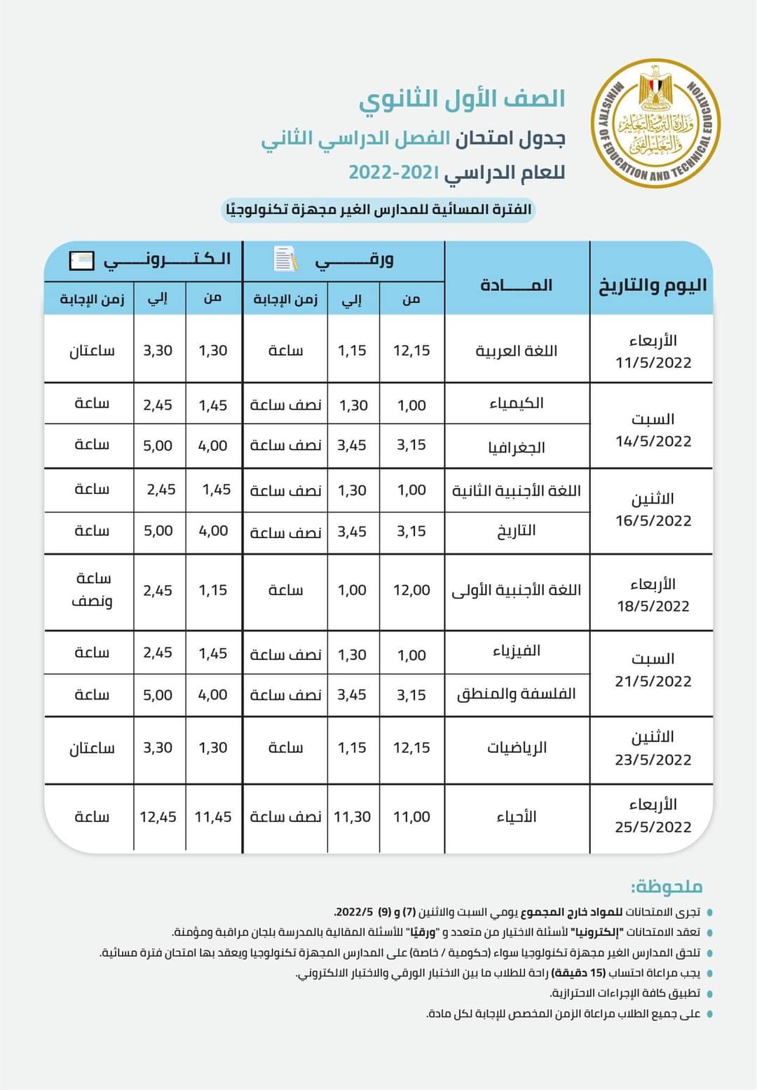 الجداول الرسمية لامتحانات الثانوية العامة والنقل الترم الثاني 2022 - جدول امتحانات الثانوية