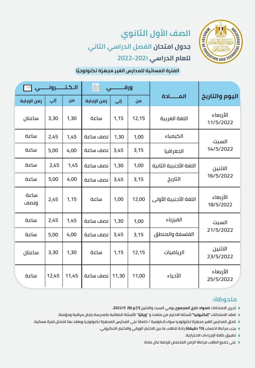 جدول امتحانات الصف الأول الثانوي الترم الثاني 2022 - اخبار اولى ثانوي