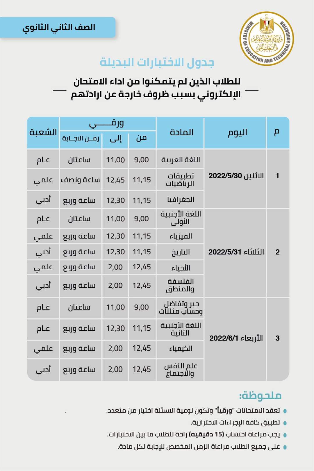 جداول امتحانات للصفين الأول و الثاني الثانوي لمن لم ينجح فى المحاولة الأولي جداول امتحانات للصفين الأول و الثاني الثانوي لمن لم ينجح فى المحاولة الأولي - اخبار اولى ثانوي