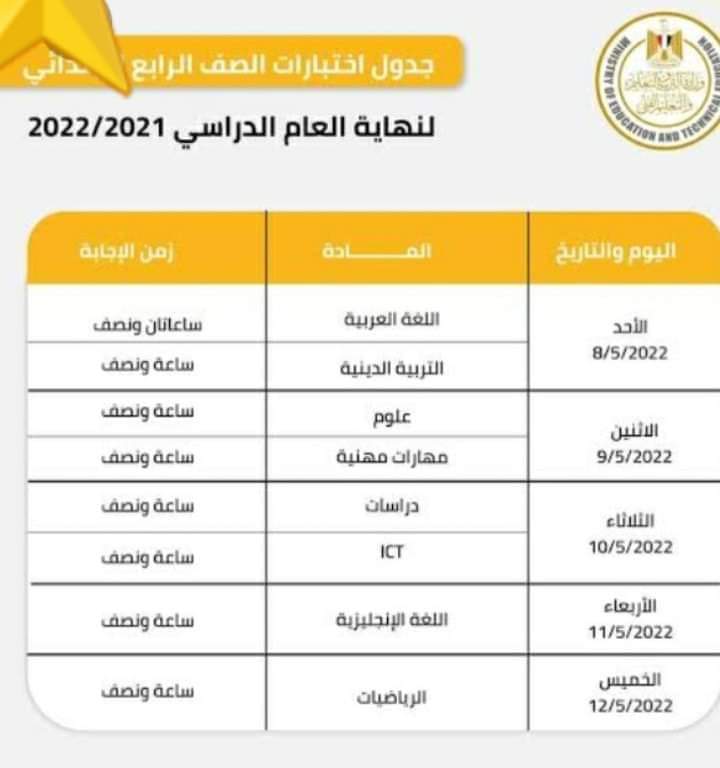 جدول نهاية العام رابعة ابتدائي