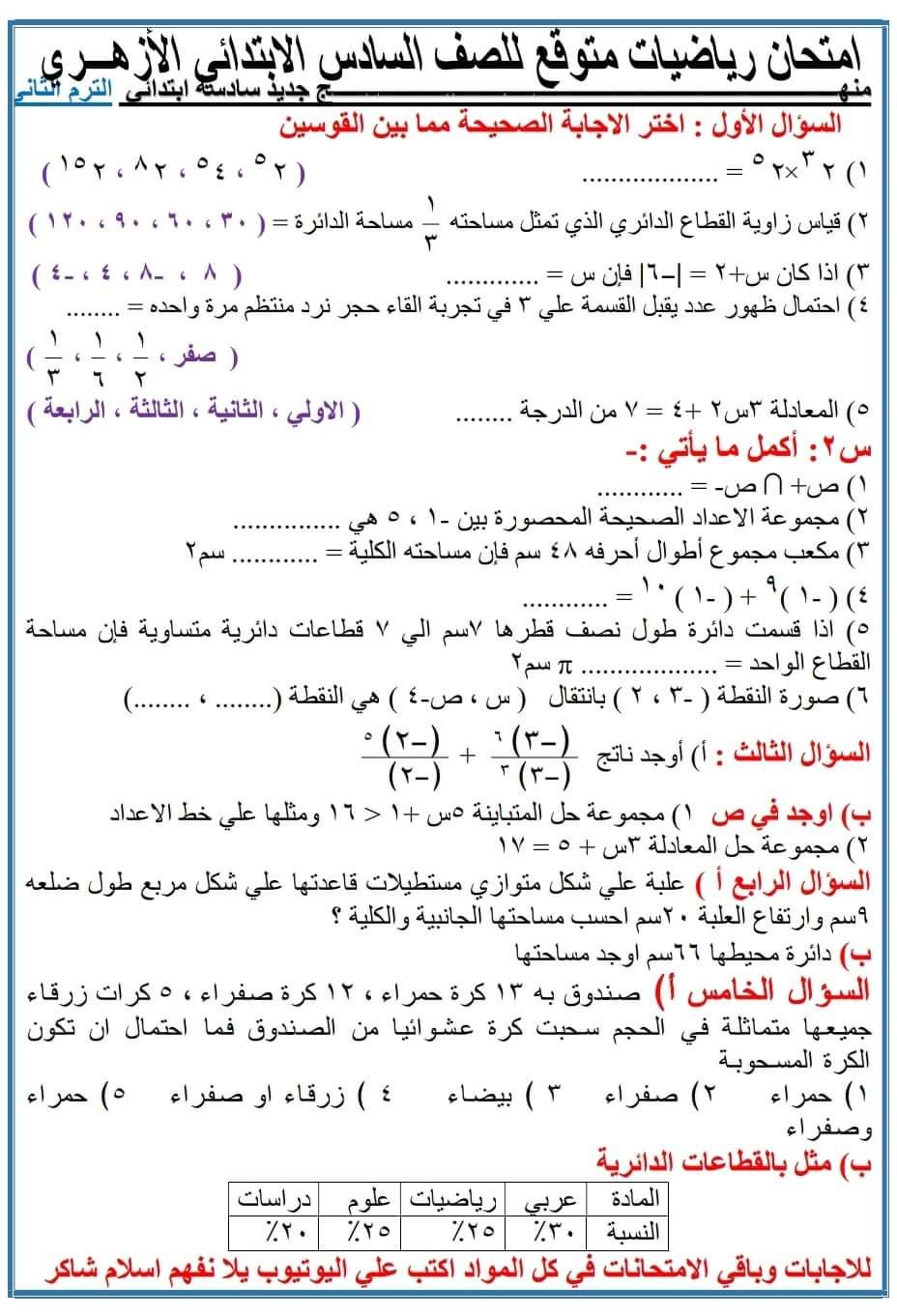 امتحان رياضيات متوقع للصف السادس الابتدائي الازهرى ترم ثاني 2022 - امتحان متوقع رياضيات سادسة