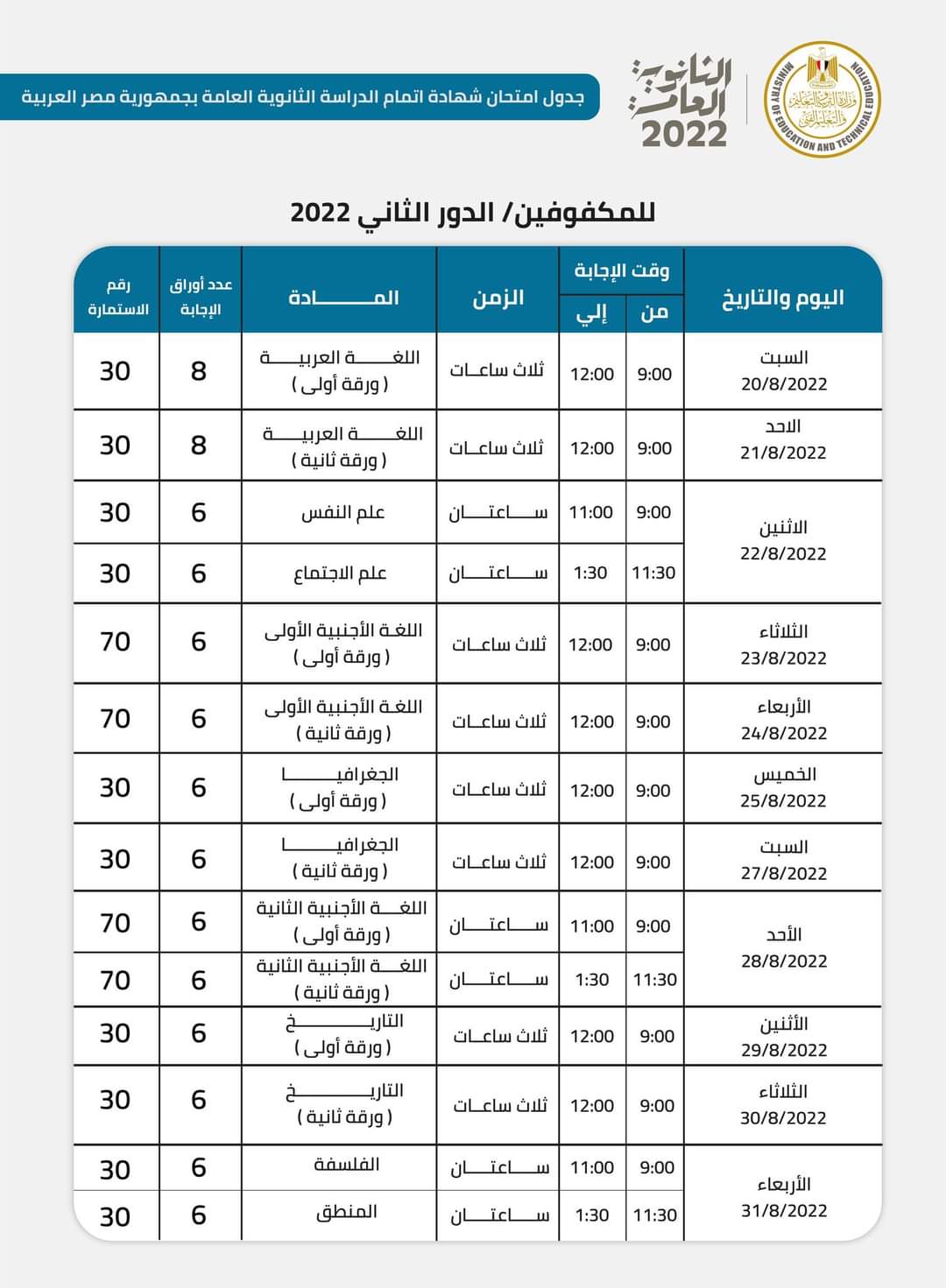 جدول امتحانات الثانوية العامة الدور الثاني 2022 جدول امتحانات الثانوية العامة الدور الثاني 2022 - جدول الثانوية الدور الثاني 2022