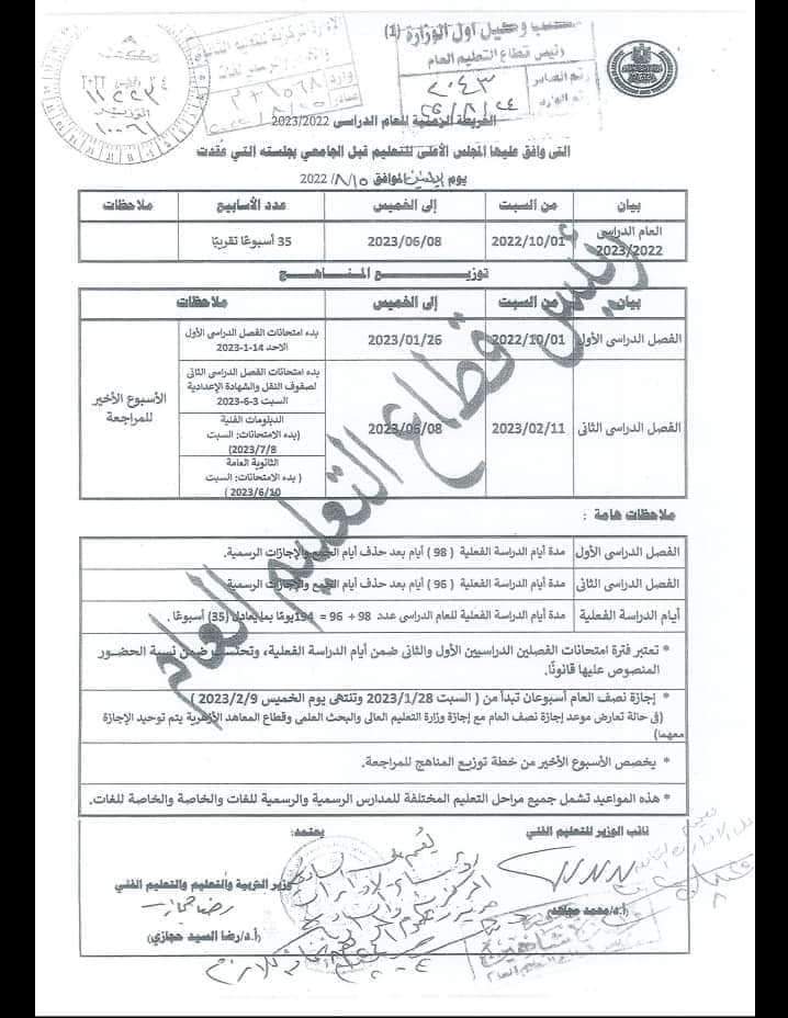 الخريطة الزمنية المعدلة للعام الدراسي 2022 - 2023 - الخريطة الزمنية 2023