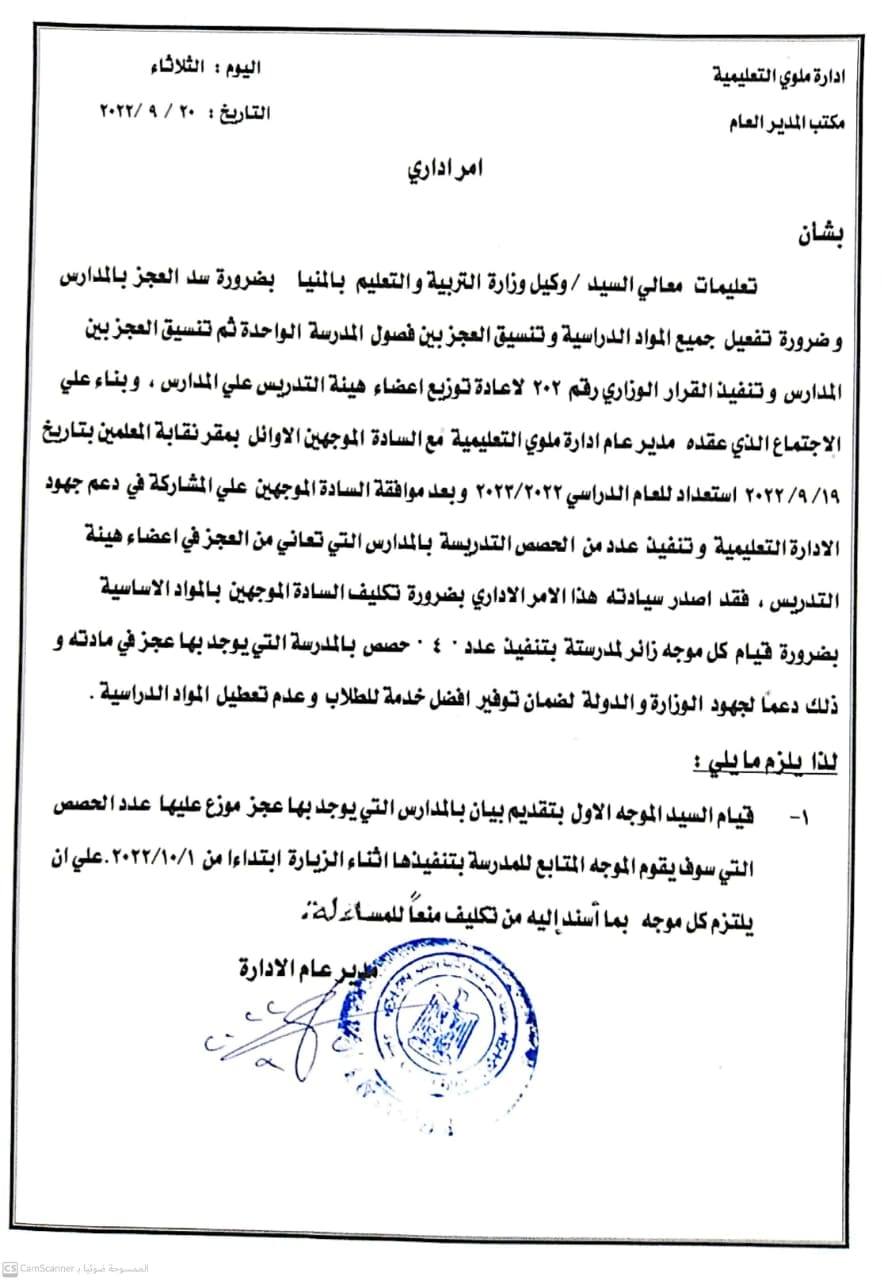 أمر إداريا بتكليف الموجه الفني بتدريس عدد 