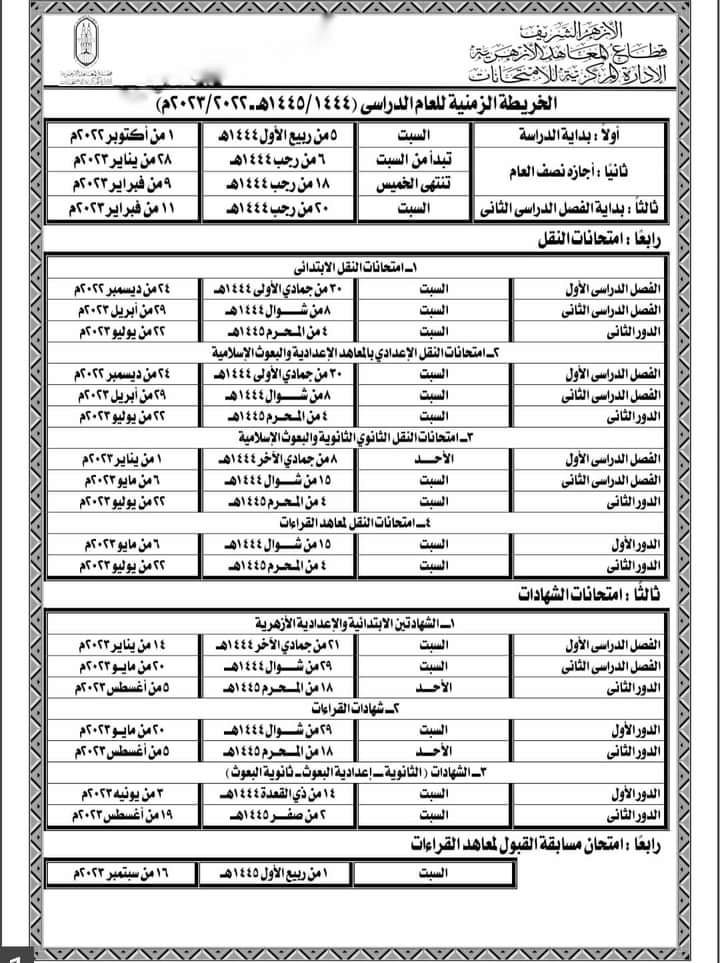 الخريطة الزمنية للدراسة في المعاهد الأزهرية 2022 - 2023 - الخريطة الزمنية 2023