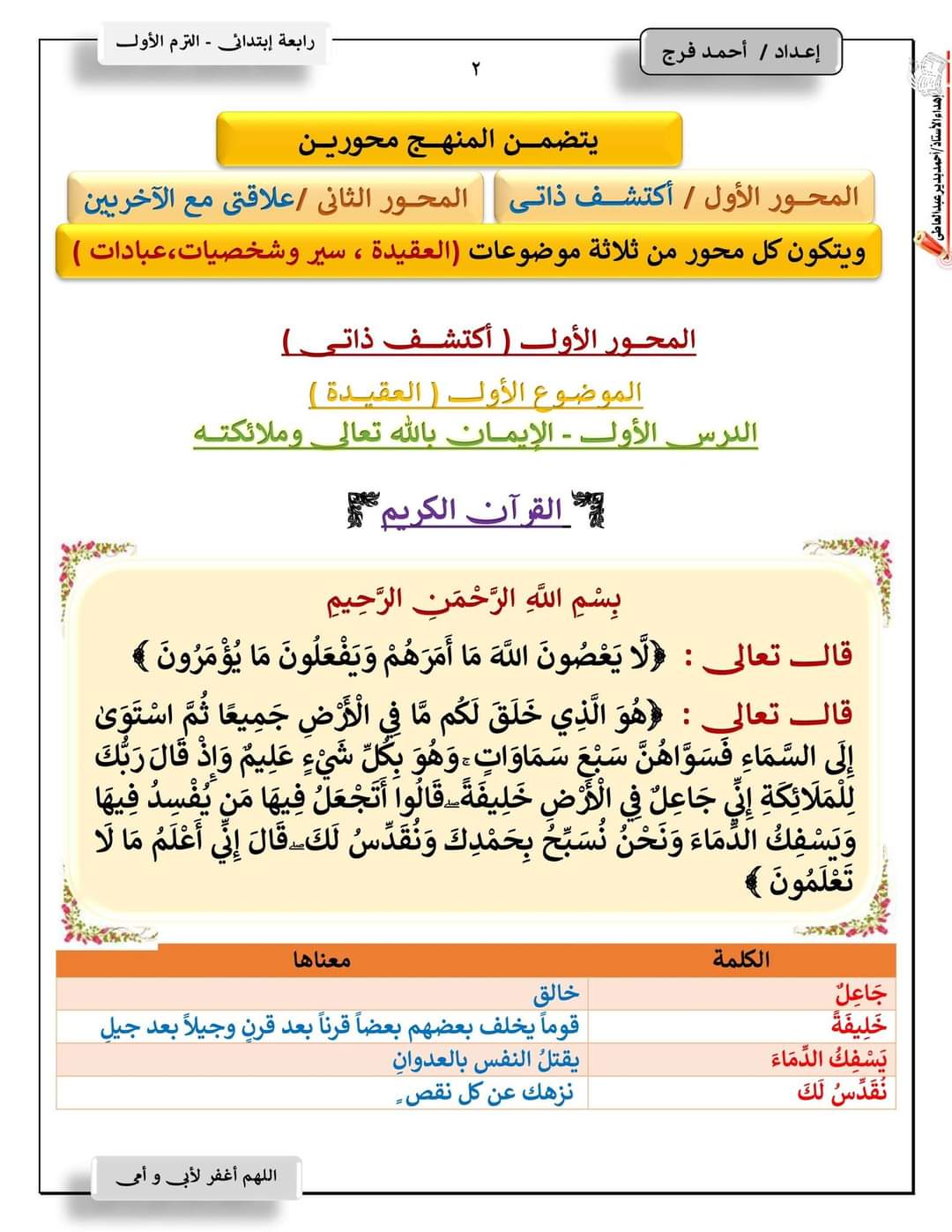 تحميل مذكرة التربية الدينية الاسلامية للصف الرابع الابتدائي الترم الأول 2023 - احمد فرج