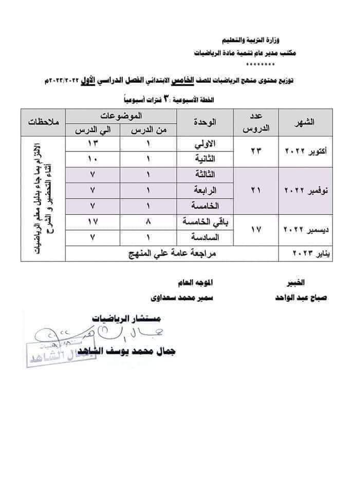 توزيع مناهج الصف الخامس المنهج الجديد بعد التعديل للعام الدراسي 2022 - 2023