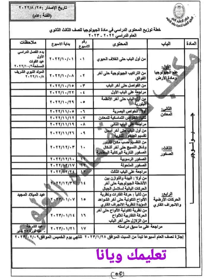 توزيع منهج الجيولوجيا الثانوية العامة 2022 - 2023 - توزيع مناهج الثانوية العامة 2023