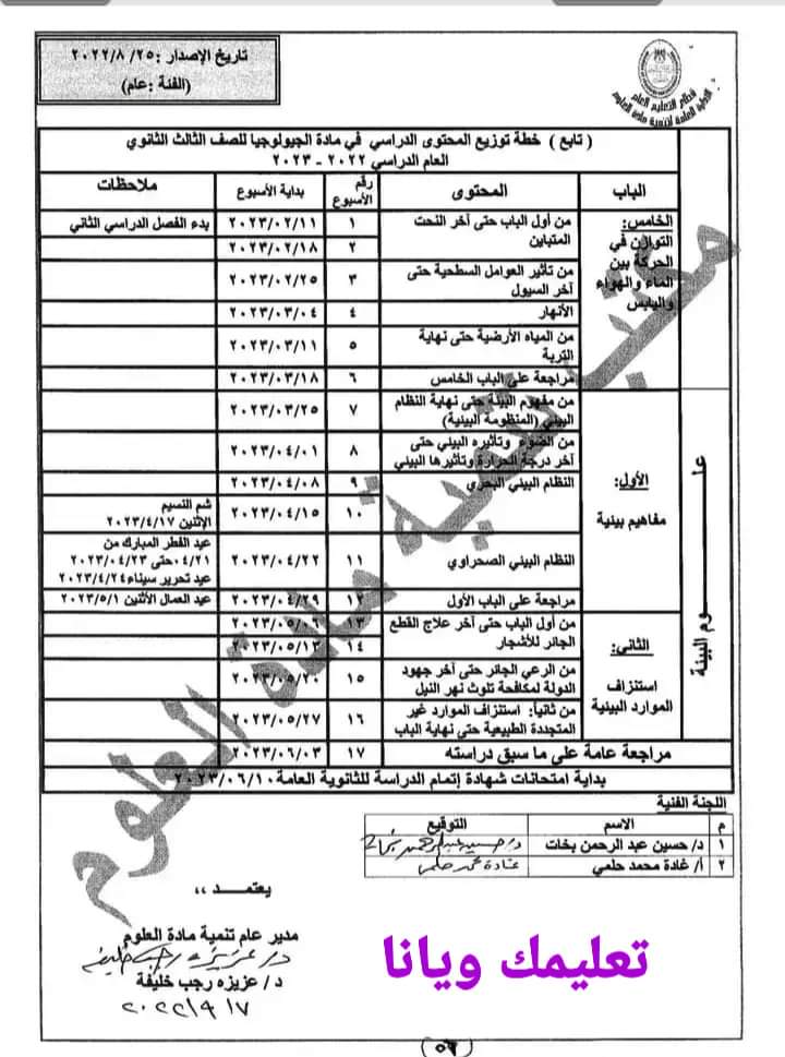 توزيع منهج الجيولوجيا الثانوية العامة 2022 - 2023 - توزيع مناهج الثانوية العامة 2023