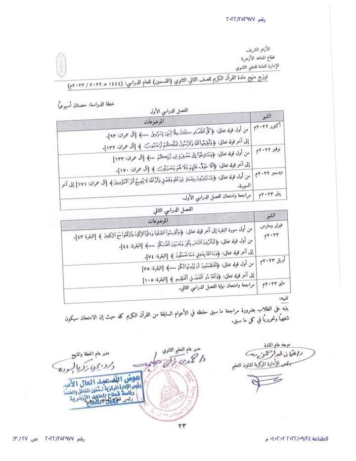 توزيع مناهج كل فرق المرحلة الثانوية الأزهرية كل المواد 2023 - توزيع مناهج الازهر