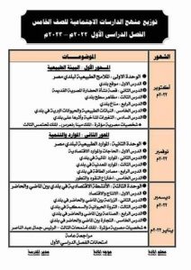 توزيع منهج الدراسات الاجتماعية للصف الخامس الابتدائي الترم الاول 2022 - 2023 - توزيع منهج الدراسات الاجتماعية