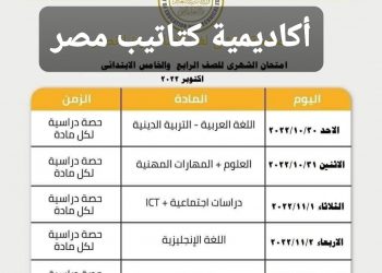 جدول امتحانات الصف الرابع والصف الخامس الابتدائي لشهر اكتوبر 2022 - جدول خامسة ابتدائي