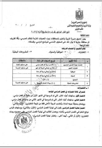 القرار رقم ١٦٨ لسنة ٢٠٢٢ بشان نظام التقييم لصفوف النقل من 6 ابتدائي لـ 2 ثانوي - اخبار التعليم