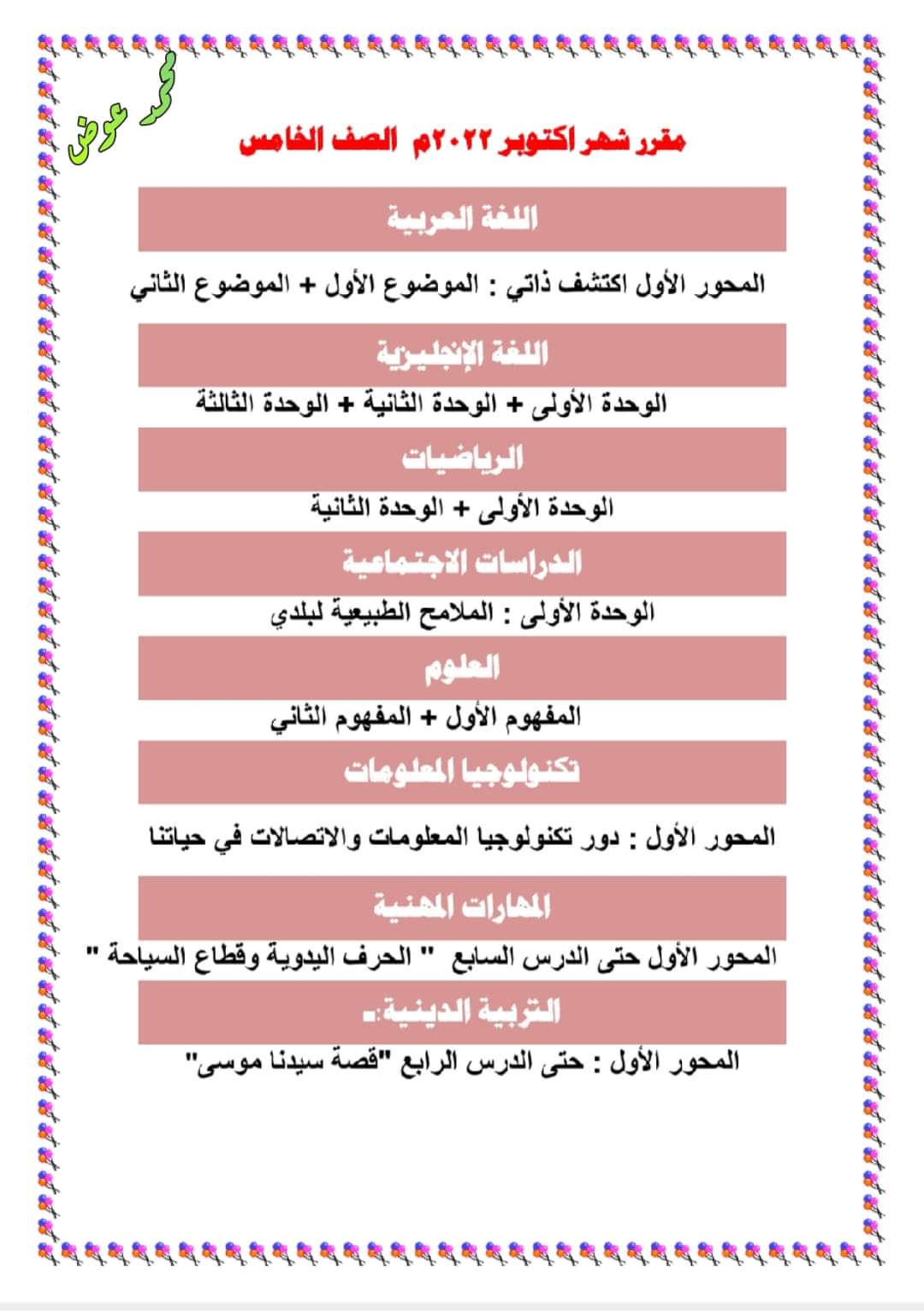 مقررات اختبار شهر اكتوبر الصف الخامس الابتدائي 2023