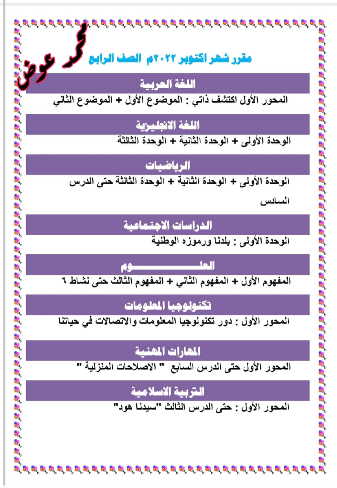 مقررات اختبار شهر اكتوبر الصف الرابع الابتدائي 2023 - مقررات اختبار اكتوبر رابعة