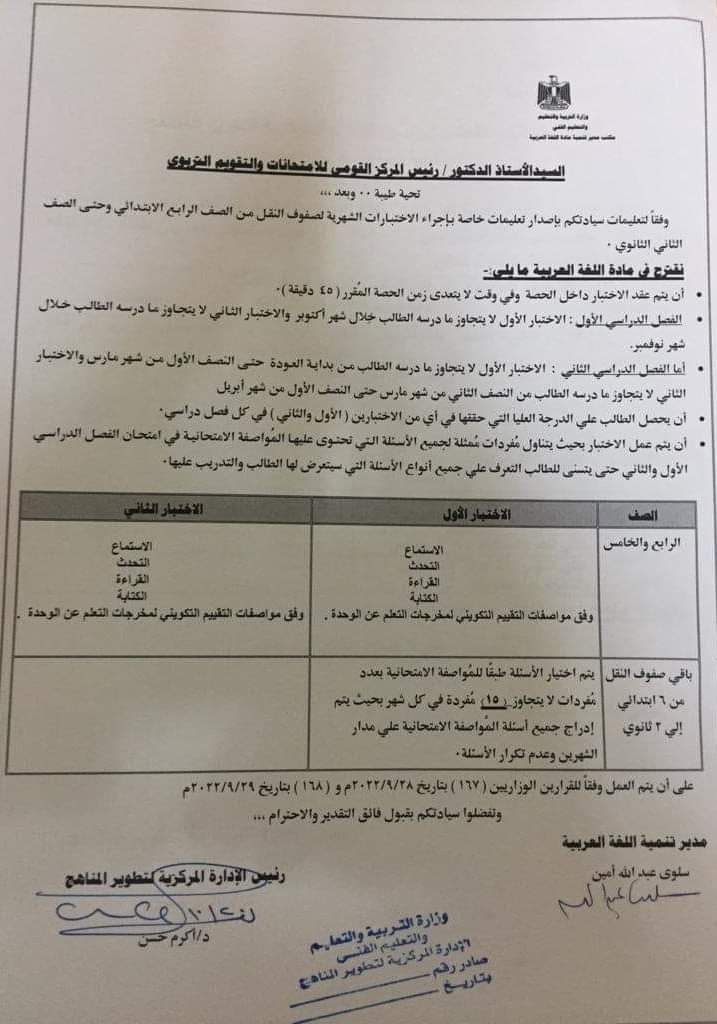 مواصفات اختبار اكتوبر لغة عربية لصفوف النقل من رابعة ابتدائى وحتى تانية ثانوى عام - مواصفات امتحان اكتوبر