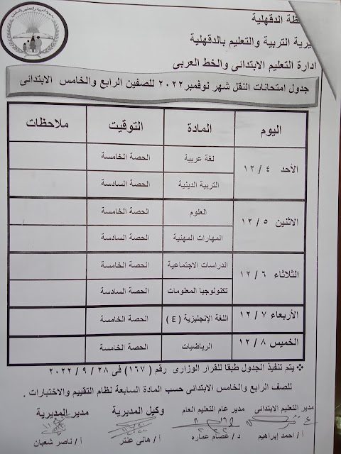 جدول امتحانات شهر نوفمبر للصفين الرابع والخامس الابتدائي كل المحافظات - جدول امتحانات شهر نوفمبر
