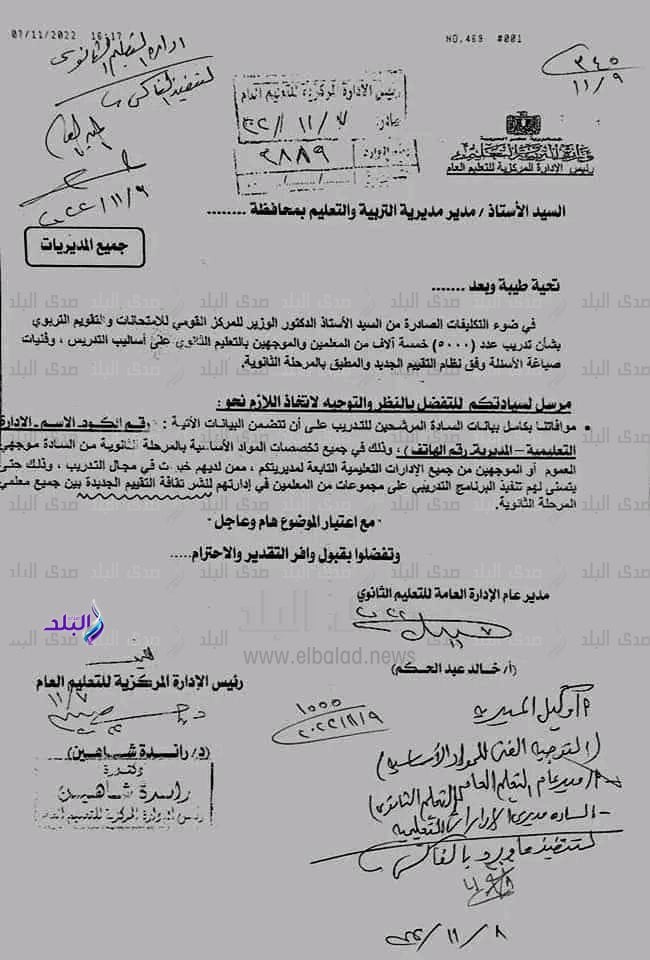 تدريب ٥٠٠٠ من المعلمين والموجهين على أساليب التدريس وفنيات صياغة الأسئلة وفق نظام التقييم الجديد للثانوية العامة 2023 - اخبار التعليم